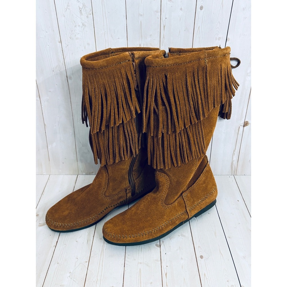 Minnetonka Women's Size 6 Two Layer Fringe Suede Moccasin Size Zipper Boots - Picture 6 of 8
